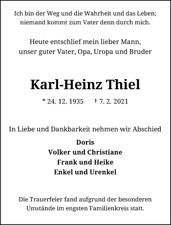 Traueranzeige von Karl-Heinz Thiel von trauer.wuppertaler-rundschau.de