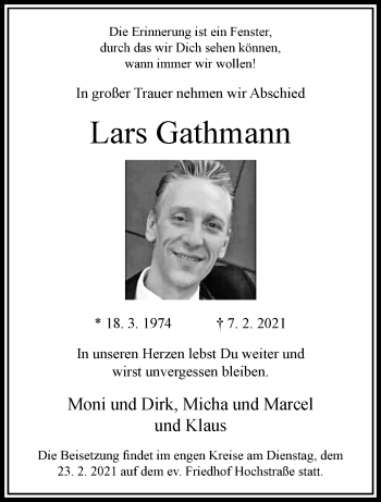 Traueranzeige von Lars Gathmann von trauer.wuppertaler-rundschau.de
