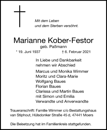 Traueranzeige von Marianne Kober-Festor von trauer.mein.krefeld.de