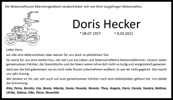 Traueranzeige von Doris Hecker von trauer.extra-tipp-moenchengladbach.de
