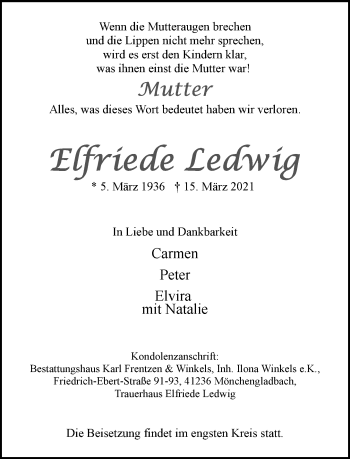 Traueranzeige von Elfriede Ledwig von trauer.extra-tipp-moenchengladbach.de