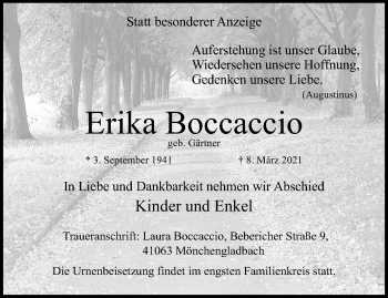 Traueranzeige von Erika Boccaccio von trauer.extra-tipp-moenchengladbach.de