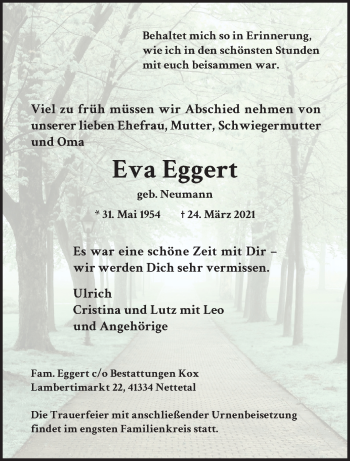 Traueranzeige von Eva Eggert von trauer.extra-tipp-moenchengladbach.de