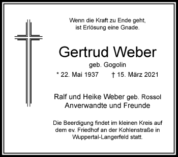 Traueranzeige von Gertrud Weber von trauer.wuppertaler-rundschau.de
