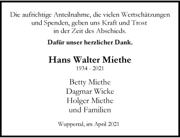 Traueranzeige von Hans Walter Miethe von trauer.wuppertaler-rundschau.de