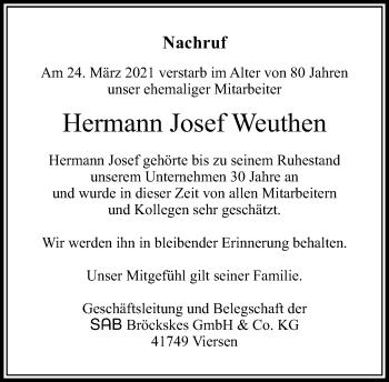 Traueranzeige von Hermann Josef Weuthen von trauer.extra-tipp-moenchengladbach.de