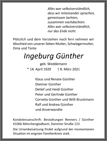 Traueranzeige von Ingeburg Günther von trauer.extra-tipp-moenchengladbach.de