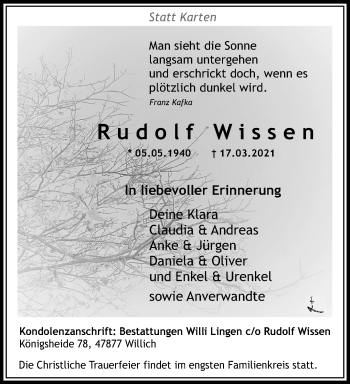Traueranzeige von Rudolf Wissen von trauer.extra-tipp-moenchengladbach.de