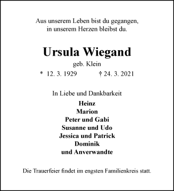 Traueranzeige von Ursula Wiegand von trauer.wuppertaler-rundschau.de