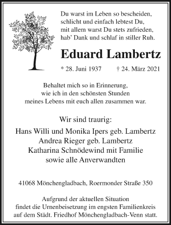 Traueranzeige von Eduard Lambertz von trauer.extra-tipp-moenchengladbach.de