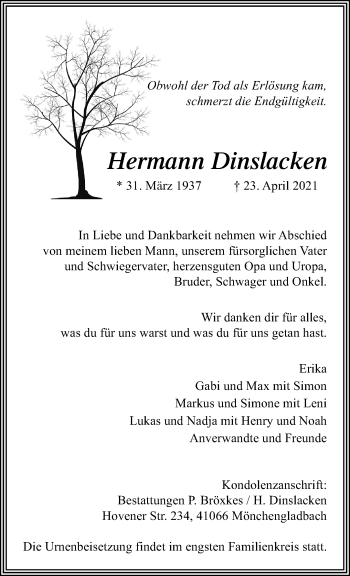 Traueranzeige von Hermann Dinslacken von trauer.extra-tipp-moenchengladbach.de