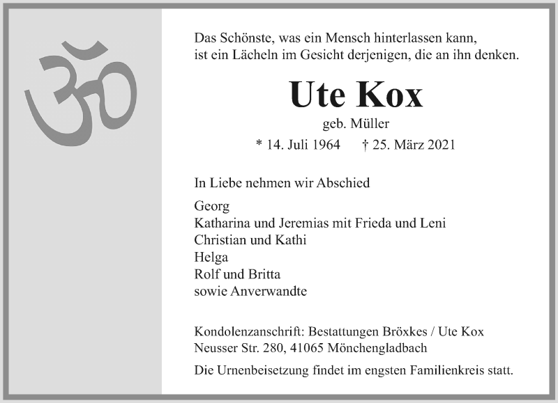  Traueranzeige für Ute Kox vom 04.04.2021 aus trauer.extra-tipp-moenchengladbach.de