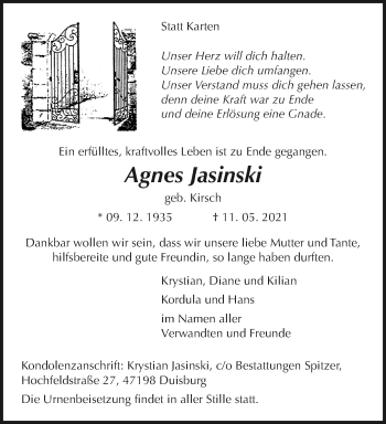 Traueranzeige von Agnes Jasinski von trauer.mein.krefeld.de