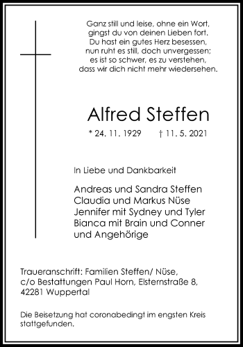 Traueranzeige von Alfred Steffen von trauer.wuppertaler-rundschau.de