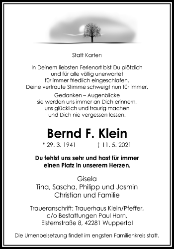 Traueranzeige von Bernd F. Klein von trauer.wuppertaler-rundschau.de
