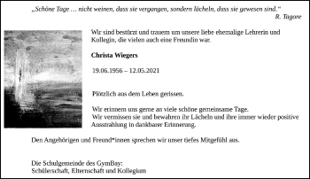 Traueranzeige von Christa Wiegers von trauer.wuppertaler-rundschau.de