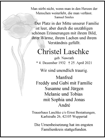 Traueranzeige von Christel Laschke von trauer.wuppertaler-rundschau.de