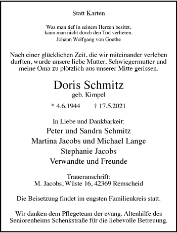 Traueranzeige von Doris Schmitz von trauer.wuppertaler-rundschau.de