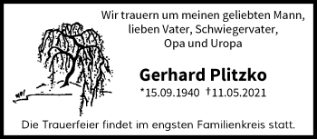 Traueranzeige von Gerhard Plitzko von trauer.wuppertaler-rundschau.de
