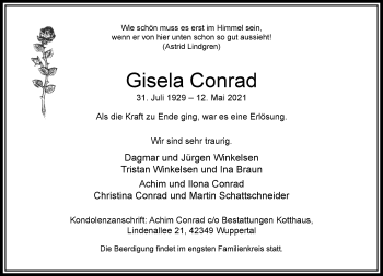 Traueranzeige von Gisela Conrad von trauer.wuppertaler-rundschau.de
