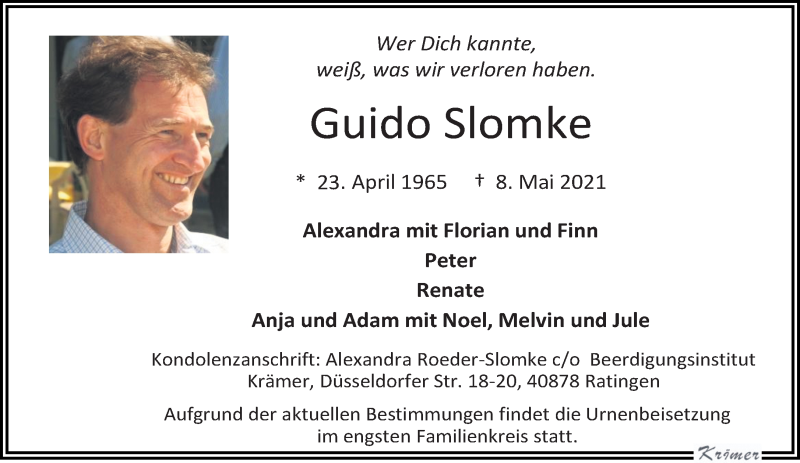  Traueranzeige für Guido Slomke vom 15.05.2021 aus trauer.wuppertaler-rundschau.de