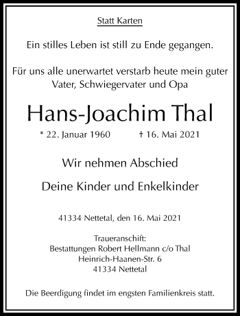 Traueranzeige von Hans-Joachim Thal von trauer.extra-tipp-moenchengladbach.de