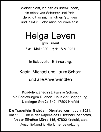 Traueranzeige von Helga Leven von trauer.mein.krefeld.de