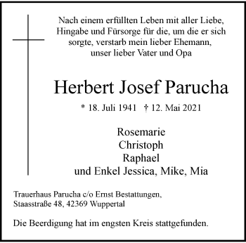 Traueranzeige von Herbert Josef Parucha von trauer.wuppertaler-rundschau.de