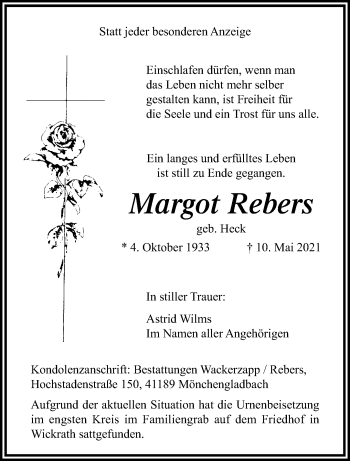Traueranzeige von Margot Rebers von trauer.extra-tipp-moenchengladbach.de