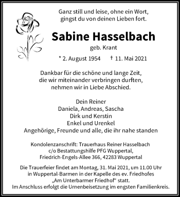 Traueranzeige von Sabine Hassetbach von trauer.wuppertaler-rundschau.de