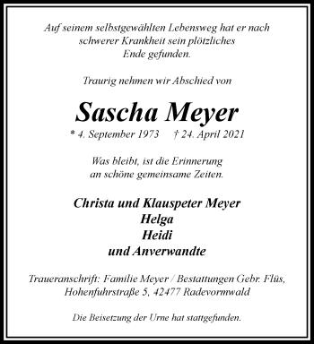 Traueranzeige von Sascha Meyer von trauer.wuppertaler-rundschau.de