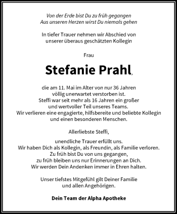 Traueranzeige von Stefanie Prahl von trauer.wuppertaler-rundschau.de