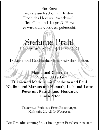 Traueranzeige von Stefanie Prahl von trauer.wuppertaler-rundschau.de