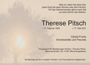 Traueranzeige von Therese Pitsch von trauer.extra-tipp-moenchengladbach.de