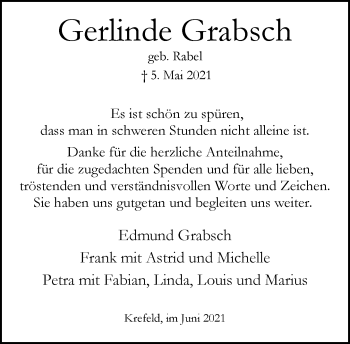 Traueranzeige von Gerlinde Grabsch von trauer.mein.krefeld.de
