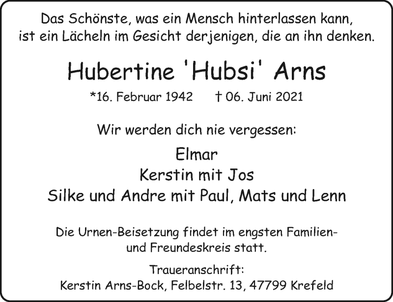  Traueranzeige für Hubertine Arns vom 20.06.2021 aus trauer.mein.krefeld.de