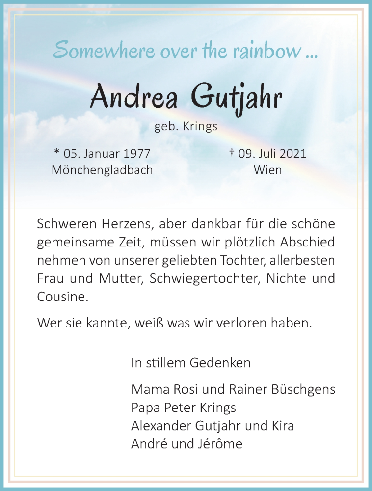  Traueranzeige für Andrea Gutjahr vom 18.07.2021 aus trauer.extra-tipp-moenchengladbach.de