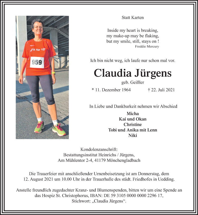  Traueranzeige für Claudia Jürgens vom 01.08.2021 aus trauer.extra-tipp-moenchengladbach.de