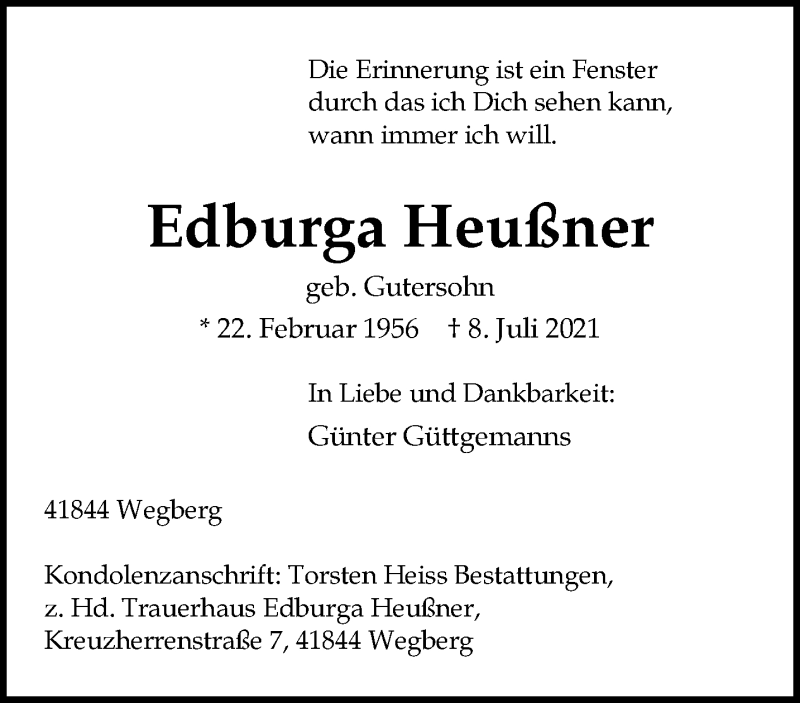  Traueranzeige für Edburga Heußner vom 18.07.2021 aus trauer.extra-tipp-moenchengladbach.de
