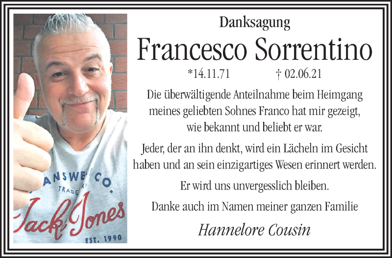  Traueranzeige für Francesco Sorrentino vom 11.07.2021 aus trauer.mein.krefeld.de