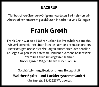 Traueranzeige von Frank Groth von trauer.wuppertaler-rundschau.de
