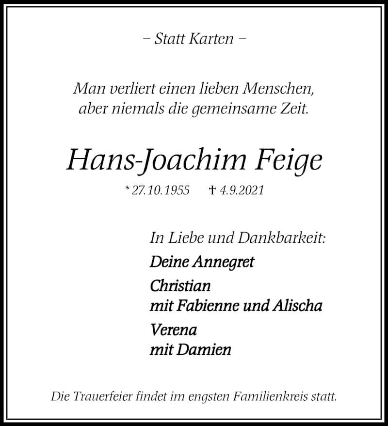  Traueranzeige für Hans Joachim Feige vom 19.09.2021 aus trauer.mein.krefeld.de