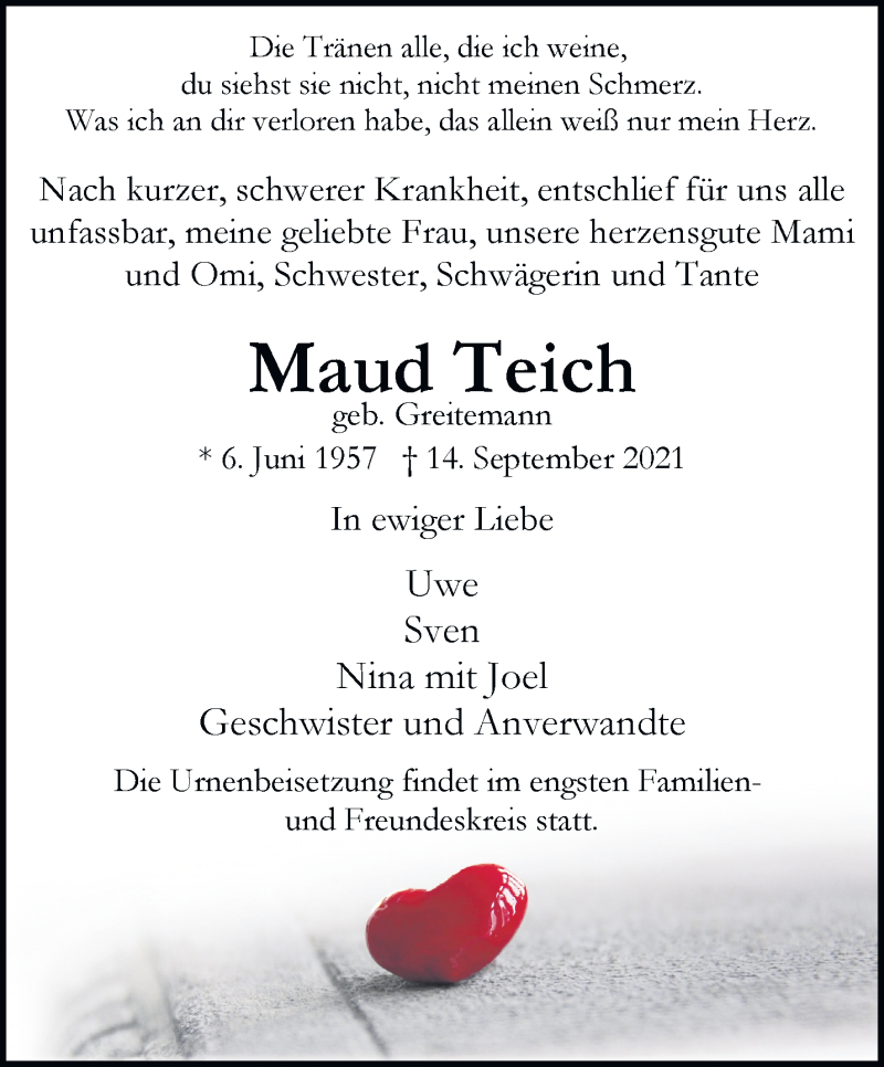  Traueranzeige für Maud Teich vom 25.09.2021 aus trauer.wuppertaler-rundschau.de