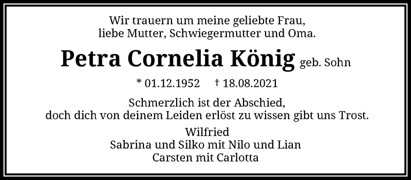  Traueranzeige für Petra Cornelia König vom 11.09.2021 aus trauer.wuppertaler-rundschau.de