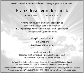 Traueranzeige von Franz-Josef von der Lieck von trauer.extra-tipp-moenchengladbach.de