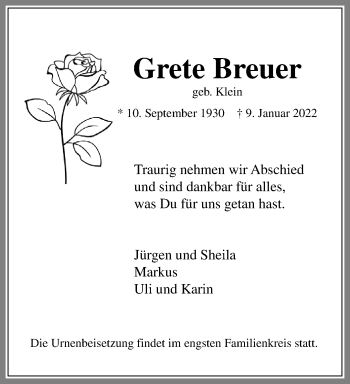 Traueranzeige von Grete Breuer von trauer.extra-tipp-moenchengladbach.de