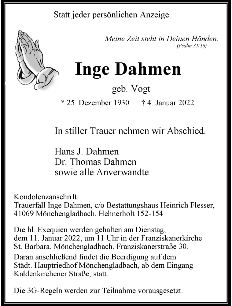  Traueranzeige für Inge Dahmen vom 09.01.2022 aus trauer.extra-tipp-moenchengladbach.de