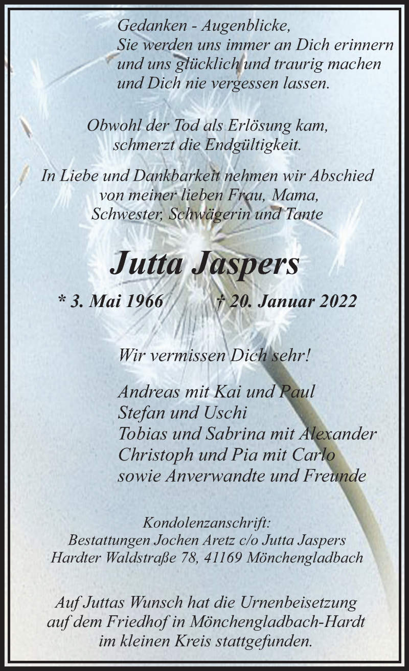 Traueranzeige für Jutta Jaspers vom 30.01.2022 aus trauer.extra-tipp-moenchengladbach.de