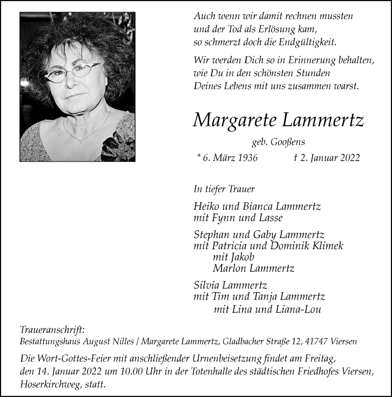  Traueranzeige für Margarete Lammertz vom 09.01.2022 aus trauer.extra-tipp-moenchengladbach.de