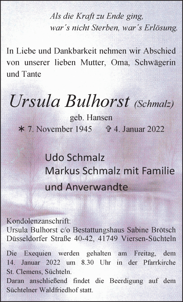  Traueranzeige für Ursula Bulhorst vom 09.01.2022 aus trauer.extra-tipp-moenchengladbach.de